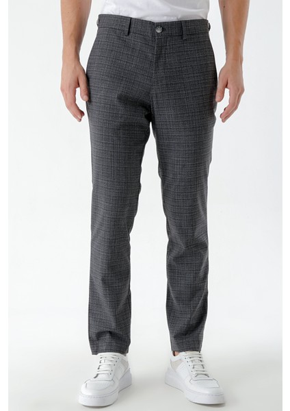Erkek Füme Poliviskon Trend Ekoseli Slim Fit Classic Pantolon