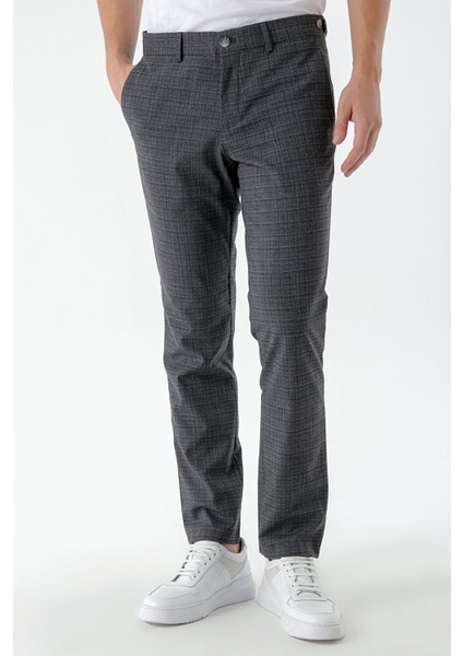 Erkek Füme Poliviskon Trend Ekoseli Slim Fit Classic Pantolon