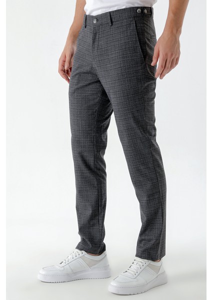 Erkek Füme Poliviskon Trend Ekoseli Slim Fit Classic Pantolon