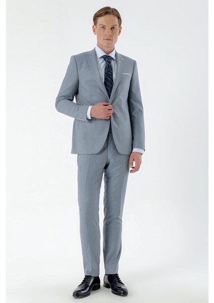 Erkek Mavi Mozaik Desenli Slim Fit Takım Elbise fiyatları