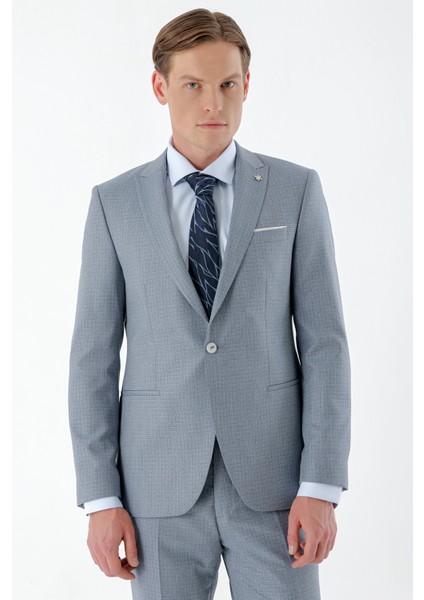 Erkek Mavi Mozaik Desenli Slim Fit Takım Elbise modelleri