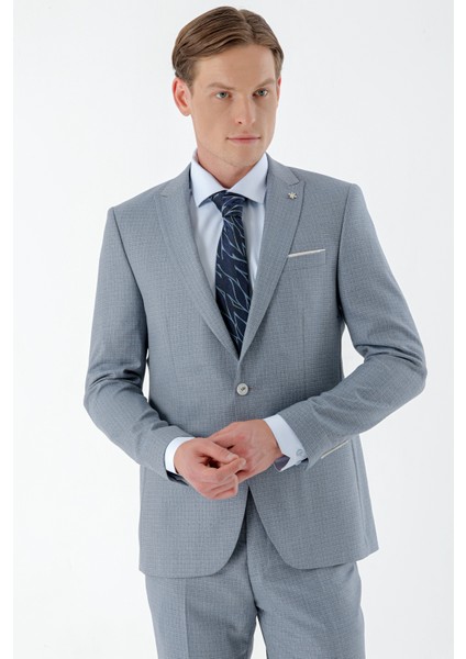 Erkek Mavi Mozaik Desenli Slim Fit Takım Elbise fırsatları