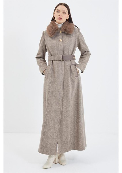 Kürk Yaka Kemer Detaylı Kaşe Manto modelleri