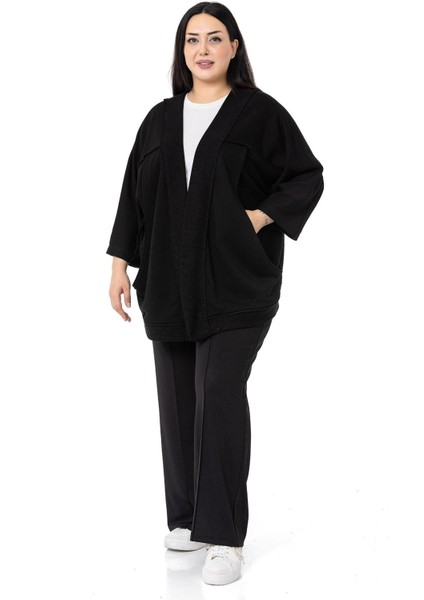 Büyük Beden Truvakar Kollu Oversize Cepli Üç Iplik Siyah Hırka