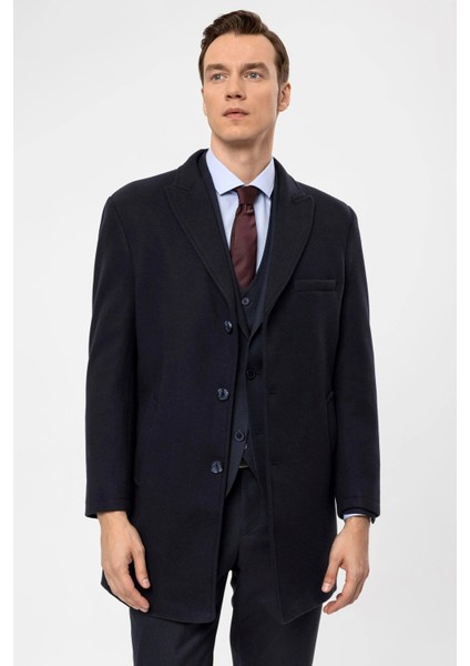 Slim Fit Yünlü Sivri Yaka Lacivert Erkek Kaban fiyatları