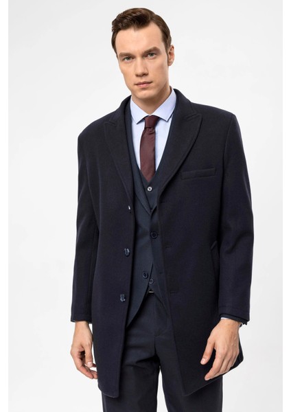 Slim Fit Yünlü Sivri Yaka Lacivert Erkek Kaban modelleri
