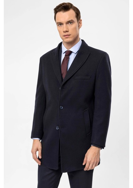 Slim Fit Yünlü Sivri Yaka Lacivert Erkek Kaban fırsatları