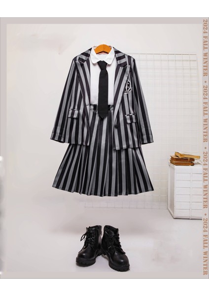 Wednesday Addams Cosplay Ceketli Kız Çocuk Takım Ceket&gömlek&etek (Kravat Dahil)