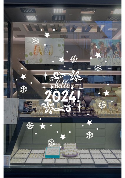 Çiçekler Yıldızlar Hello 2024 Yılbaşı Süslemeleri Yeni Yıl Vitrin Cam Sticker