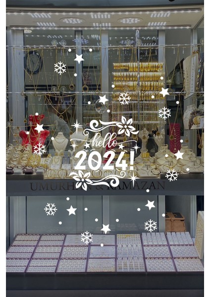 Çiçekler Yıldızlar Hello 2024 Yılbaşı Süslemeleri Yeni Yıl Vitrin Cam Sticker