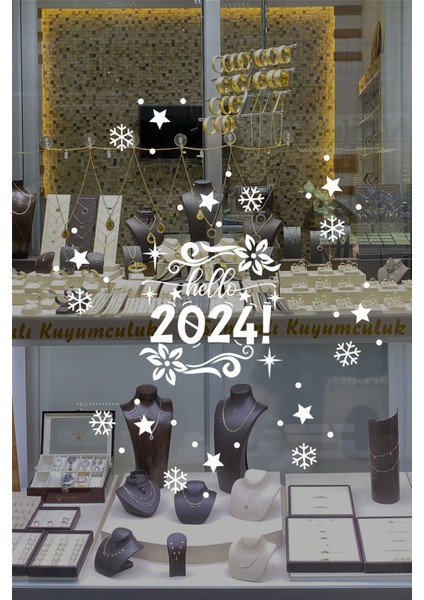 Çiçekler Yıldızlar Hello 2024 Yılbaşı Süslemeleri Yeni Yıl Vitrin Cam Sticker