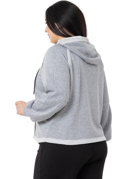 Büyük Beden Kapüşonlu Fermuarlı Üç Iplik Gri Melanj Sweatshirt