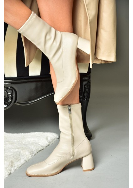 R404200109 Bej Streç Kalın Topuklu Kadın Bot fiyatları