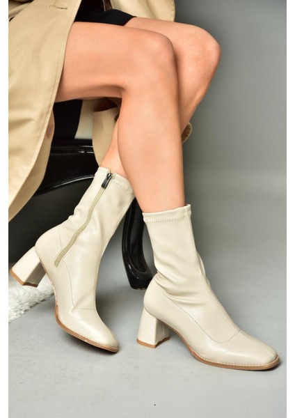 R404200109 Bej Streç Kalın Topuklu Kadın Bot modelleri