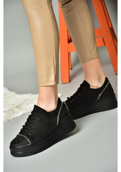 R274217502 Siyah Süet Kalın Tabanlı Spor Ayakkabı Sneakers
