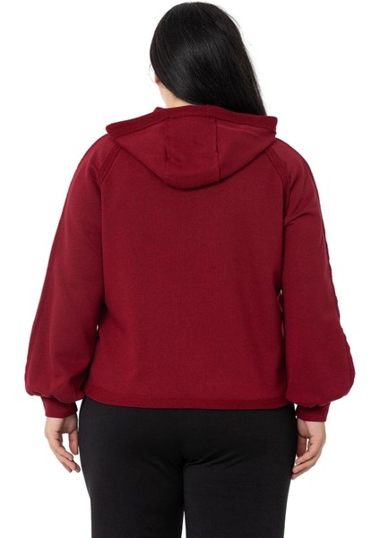 Büyük Beden Kapüşonlu Fermuarlı Üç Iplik Bordo Sweatshirt