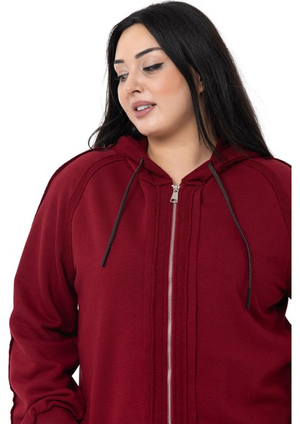 Büyük Beden Kapüşonlu Fermuarlı Üç Iplik Bordo Sweatshirt