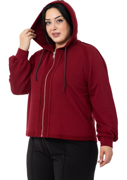 Büyük Beden Kapüşonlu Fermuarlı Üç Iplik Bordo Sweatshirt