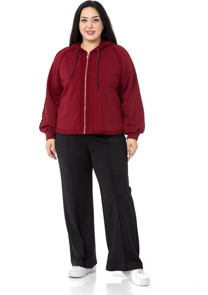 Büyük Beden Kapüşonlu Fermuarlı Üç Iplik Bordo Sweatshirt fiyatları