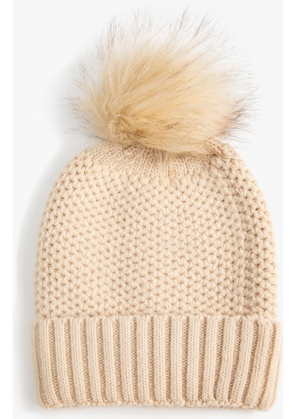 Lastikli Örgü Bere Kenarları Katlı Peluş Ponpon Detaylı