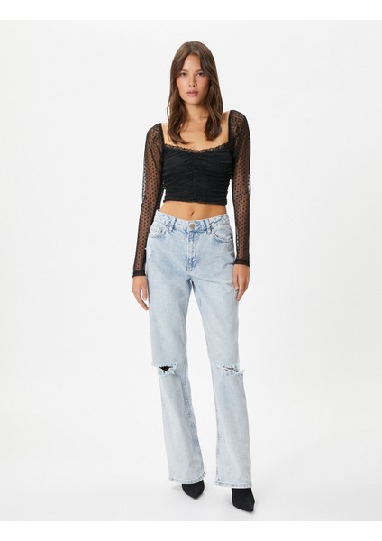 Crop Dantelli Bluz Kare Yaka Drapeli Slim Fit