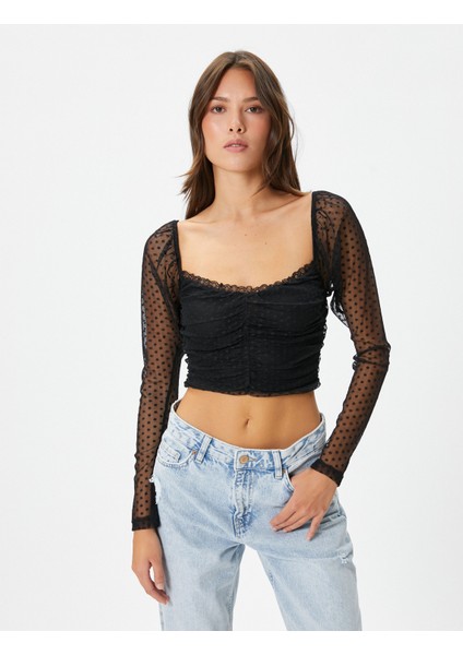 Crop Dantelli Bluz Kare Yaka Drapeli Slim Fit modelleri