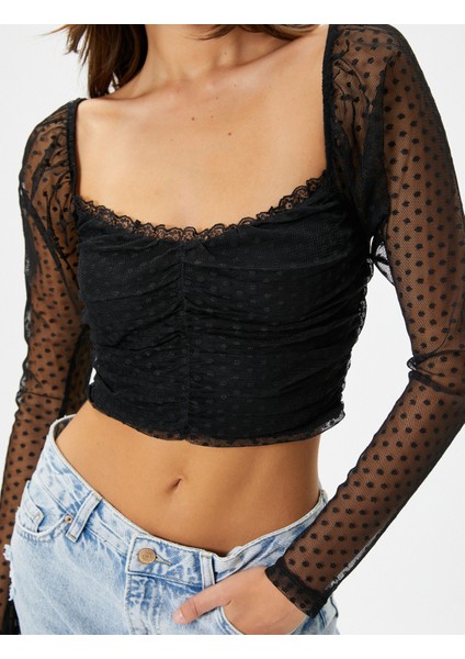 Crop Dantelli Bluz Kare Yaka Drapeli Slim Fit indirimleri