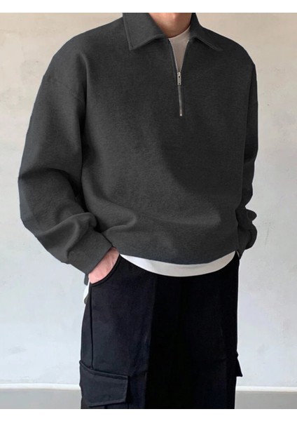 Genıus Store erkek Polo Yaka Oversize Sweatshirt Yarım Fermuar Sweatshirt modelleri