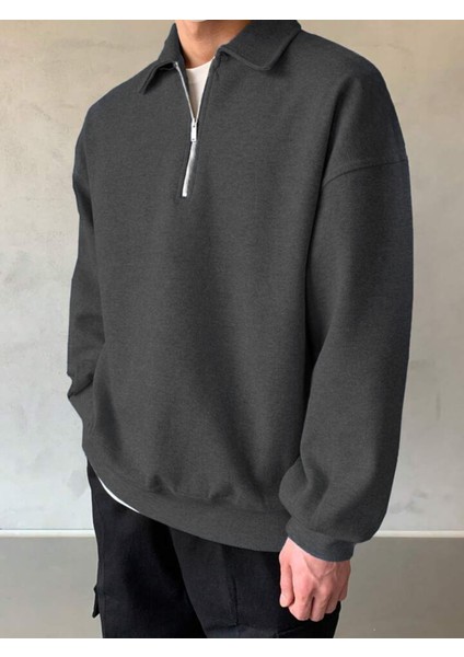 Genıus Store erkek Polo Yaka Oversize Sweatshirt Yarım Fermuar Sweatshirt fırsatları
