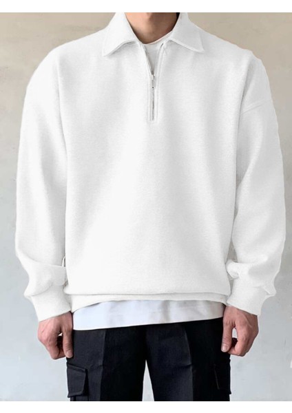 Genius Store Genıus Store erkek Polo Yaka Oversize Sweatshirt Yarım Fermuar Sweatshirt