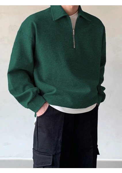 Genıus Store erkek Polo Yaka Oversize Sweatshirt Yarım Fermuar Sweatshirt