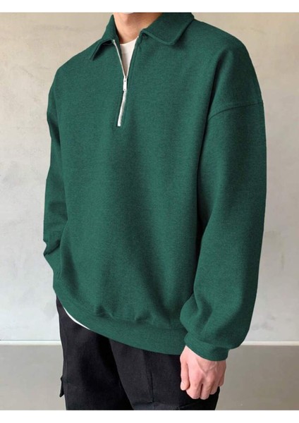 Genıus Store erkek Polo Yaka Oversize Sweatshirt Yarım Fermuar Sweatshirt