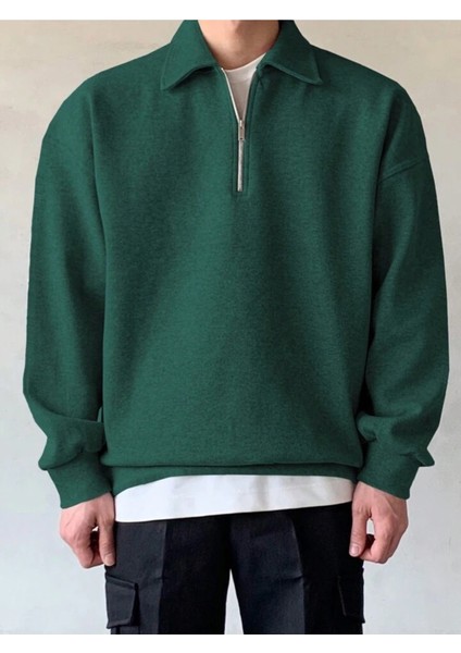 Genıus Store erkek Polo Yaka Oversize Sweatshirt Yarım Fermuar Sweatshirt