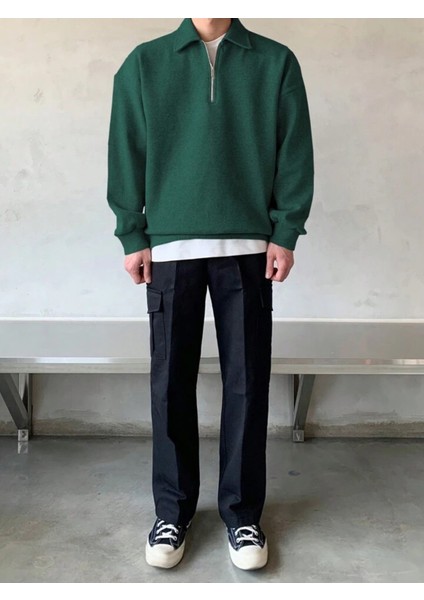 Genıus Store erkek Polo Yaka Oversize Sweatshirt Yarım Fermuar Sweatshirt