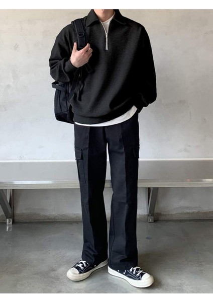 Genıus Store erkek Polo Yaka Oversize Sweatshirt Yarım Fermuar Sweatshirt fiyatları