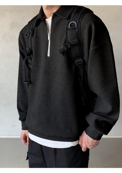 Genıus Store erkek Polo Yaka Oversize Sweatshirt Yarım Fermuar Sweatshirt modelleri