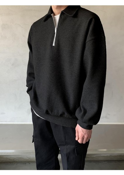Genıus Store erkek Polo Yaka Oversize Sweatshirt Yarım Fermuar Sweatshirt fırsatları