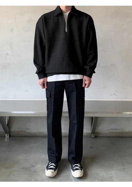 Genıus Store erkek Polo Yaka Oversize Sweatshirt Yarım Fermuar Sweatshirt indirimleri