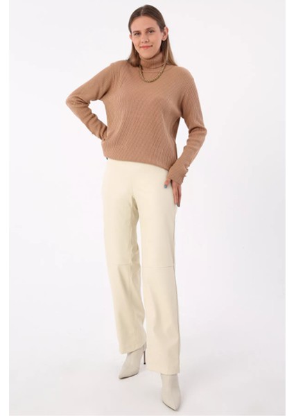 Dikiş Detaylı Deri Pantolon 77066EKRU