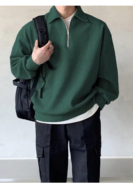Genıus Store erkek Polo Yaka Oversize Sweatshirt Yarım Fermuar Sweatshirt