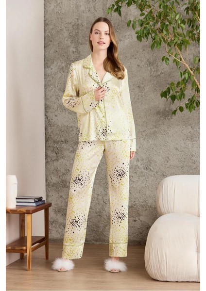 1240 Kadın Saten Empirme Uzun Kollu Gömlek Pijama Takımı-Lime