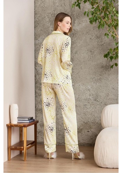 1240 Kadın Saten Empirme Uzun Kollu Gömlek Pijama Takımı-Lime