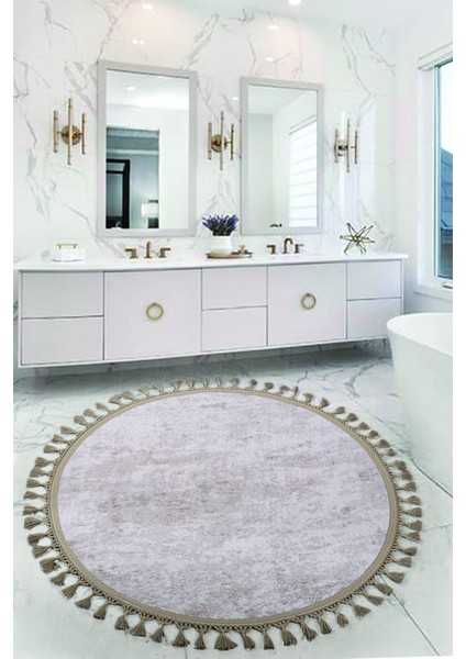 Nova Vizon Yuvarlak 120X120 cm Ponpon Saçaklı Kaymaz Tabanlı Makinede Yıkanabilir Banyo Paspası
