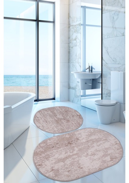 Nova Vizon Oval 60X100 + 50X60 cm 2'li Banyo Paspası Seti Kaymaz Tabanlı Yıkanabilir Klozet Takımı