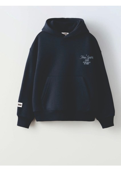 Unisex Koyu Mavi Renk Slogan Yazılı 3 Iplik Şardonlu Kapüşonlu Sweatshirt