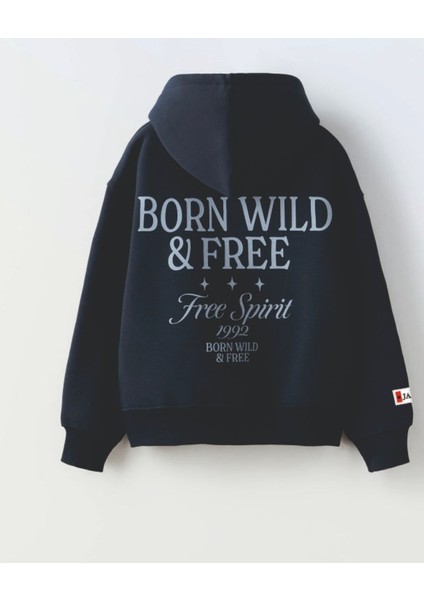 Unisex Koyu Mavi Renk Slogan Yazılı 3 Iplik Şardonlu Kapüşonlu Sweatshirt fiyatları