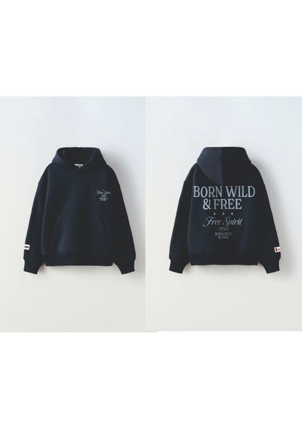 Unisex Koyu Mavi Renk Slogan Yazılı 3 Iplik Şardonlu Kapüşonlu Sweatshirt modelleri