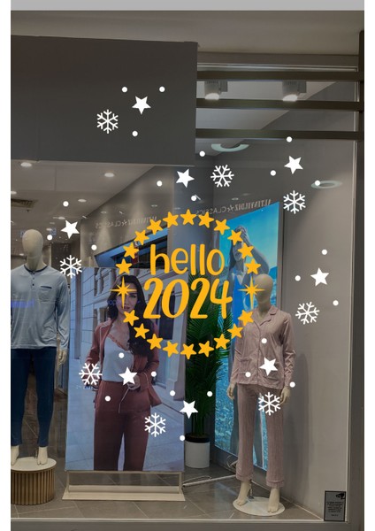 Dönen Yıldızlar ve Hello 2024 Yılbaşı Süslemeleri Yeni Yıl Vitrin Cam Sticker