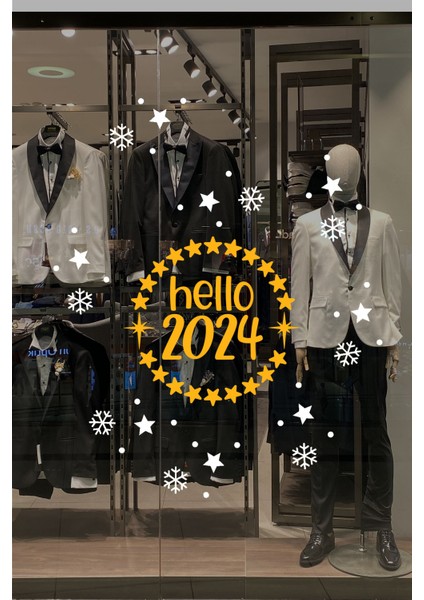 Dönen Yıldızlar ve Hello 2024 Yılbaşı Süslemeleri Yeni Yıl Vitrin Cam Sticker