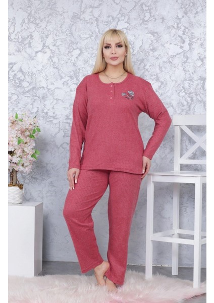 Kadın Büyük Beden Kışlık Bordo Tek Çiçek Pijama Takımı Annegri1